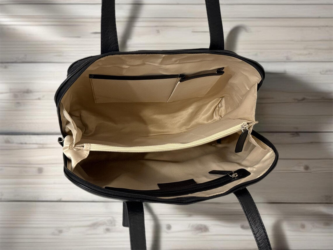 Grains & Tan Classic Multi-Compartment Ladies Work Bag with Long Strap, Made from Full-grain Leather