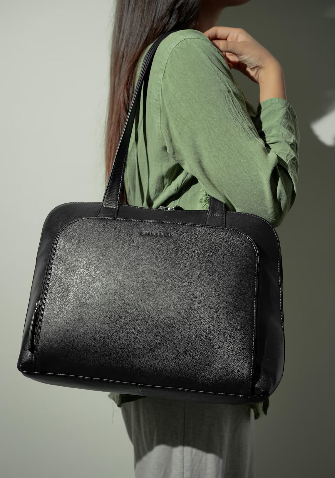 Grains & Tan Classic Multi-Compartment Ladies Work Bag with Long Strap, Made from Full-grain Leather