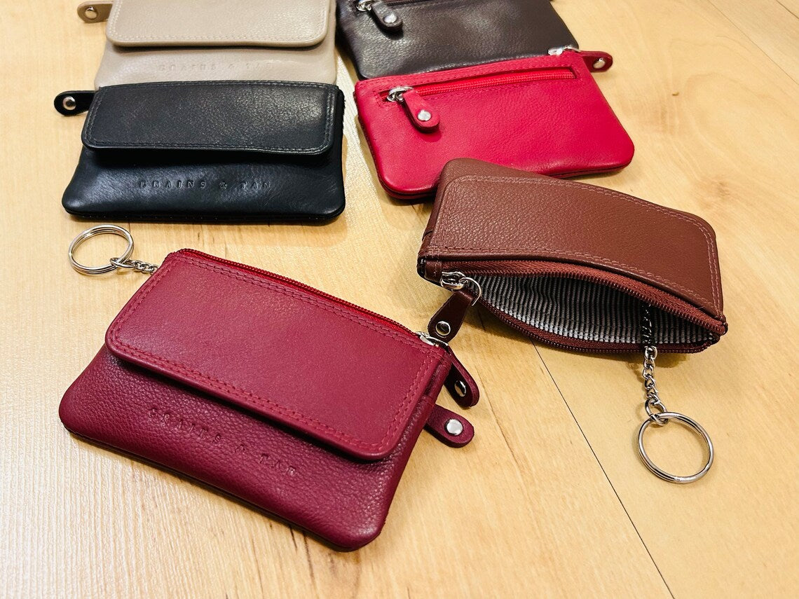 Full-Grain Leather Coin Purse with Keyring: Grains & Tan