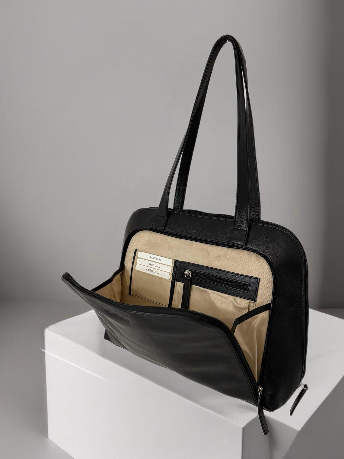 Grains & Tan Classic Multi-Compartment Ladies Work Bag with Long Strap, Made from Full-grain Leather