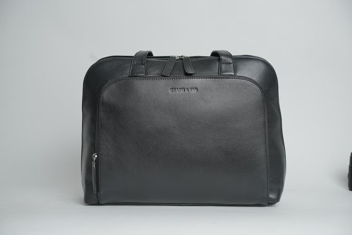 Grains & Tan Classic Multi-Compartment Ladies Work Bag with Long Strap, Made from Full-grain Leather