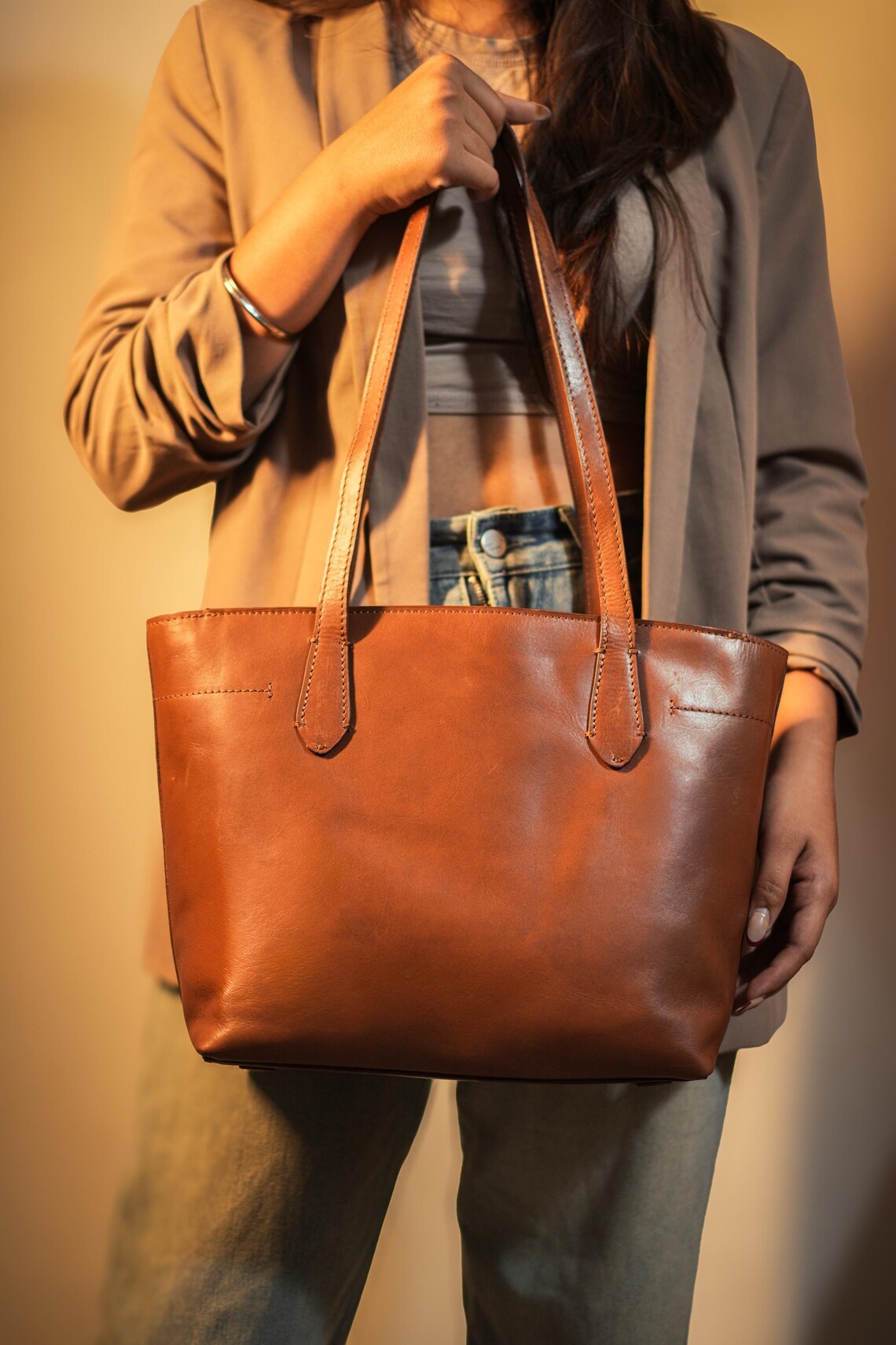 Grains & Tan Full-Grain Leather Classic Tote with Adjustable Strap