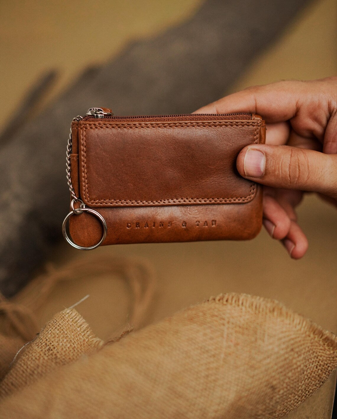 Full-Grain Leather Coin Purse with Keyring: Grains & Tan
