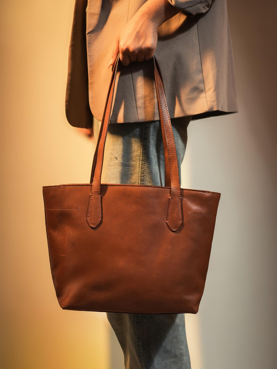 Grains & Tan Full-Grain Leather Classic Tote with Adjustable Strap
