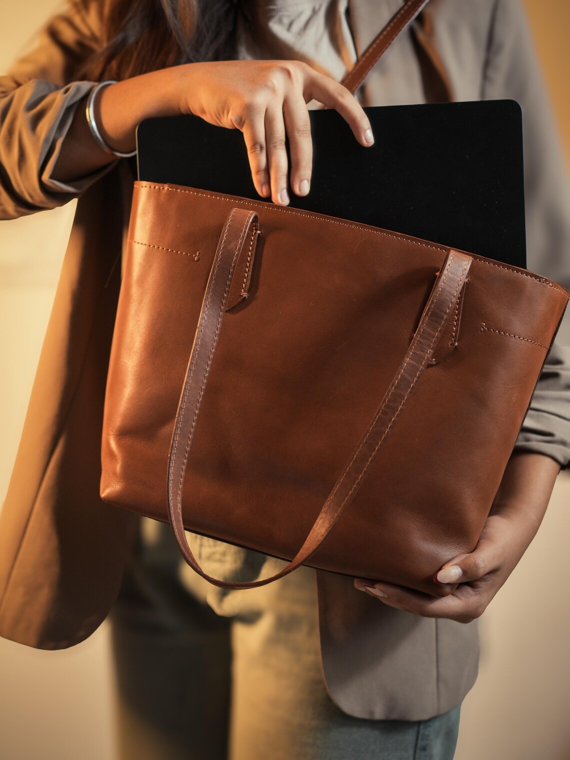 Grains & Tan Full-Grain Leather Classic Tote with Adjustable Strap