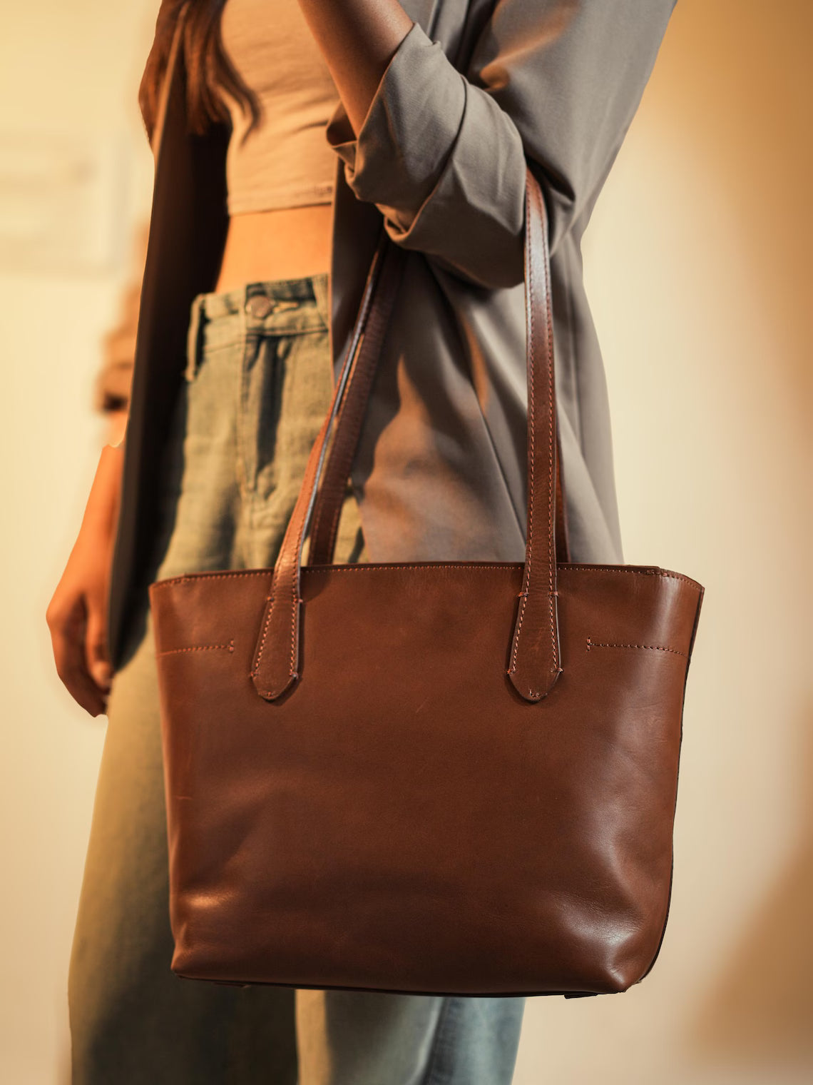 Grains & Tan Full-Grain Leather Classic Tote with Adjustable Strap
